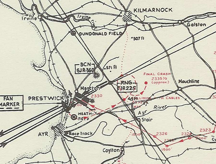 De rode lijn geeft de vliegrichting van de Nijmegen aan